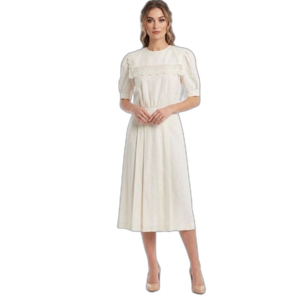 Scott McClintock Women's Ivory Linen Lace Trim Vintage 80s SS Midi Dress Size 8